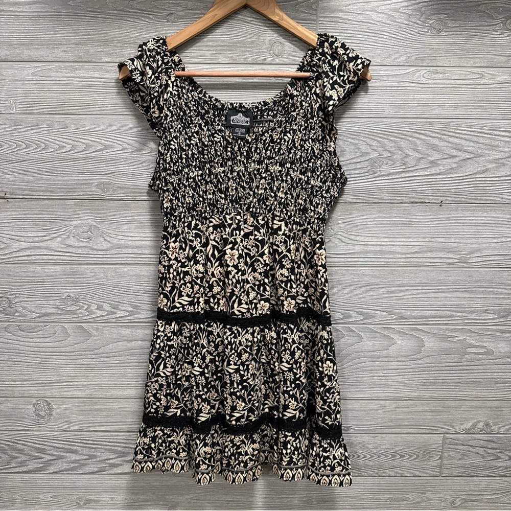 Angie Babydoll Peasant Mini Dress Dark Floral Coquette Sundress Tiered Smocked S